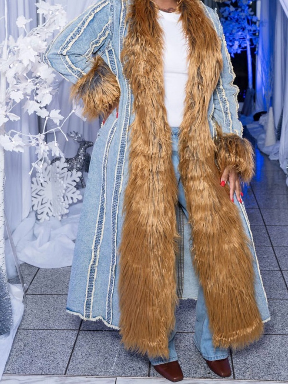 Fashion Nova Light Blue Denim Trench Coat with Brown Faux Fur Trim